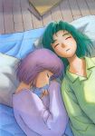  2girls ashinano_hitoshi green_hair hatsuseno_alpha highres multiple_girls pajamas purple_hair sleeping takatsu_kokone yokohama_kaidashi_kikou 