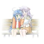  2girls ahoge baby bench duplicate family green_eyes hiiragi_kagami hiro_yoshinaka if_they_mated izumi_konata lowres lucky_star mole multiple_girls oekaki simple_background yuri 