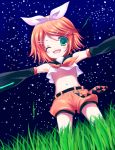  aqua_eyes futaba_miwa grass kagamine_rin midriff night outstretched_arms shorts spread_arms star vocaloid wink 
