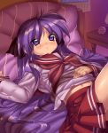  bed blush hiiragi_kagami kink long_hair lucky_star lying midriff purple_hair school_uniform serafuku twintails violet_eyes 