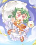  1girl :o ascot chibi clouds female green_hair kazami_yuuka kedama lowres nyagakiya o_o plaid plaid_skirt plaid_vest red_eyes short_hair skirt skirt_set solo touhou umbrella umbrella_riding youkai 