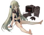  00s aqua_eyes arm_support barefoot bike_shorts bikini black bracelet chii chobits computer feet headphones headphones_around_neck jewelry long_hair lowres mootan robot_ears sitting smile spread_legs swimsuit very_long_hair 