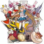  2girls alice_(wonderland) alice_in_wonderland bad_id card castle cheshire_cat double_bun dress floating_card multiple_girls pocket_watch queen_of_hearts thigh-highs watch white_rabbit yuuki_(irodo_rhythm) zettai_ryouiki 