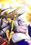  90s brown_hair cravat epaulettes gloves gundam gundam_wing heero_yuy long_hair mecha relena_peacecraft short_hair shorts wing_gundam yu_yu 