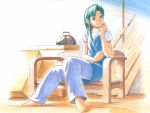  1girl ashinano_hitoshi barefoot feet green_hair hatsuseno_alpha indoors sitting solo toes violet_eyes wallpaper yokohama_kaidashi_kikou 