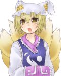  1girl blonde_hair female fox_tail hands_in_sleeves hat jyako long_sleeves lowres multiple_tails open_mouth pillow_hat short_hair solo surcoat tail tassel touhou upper_body white_background yakumo_ran yellow_eyes 