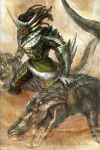  1boy absurdres armor crocodile crocodilian gradient gradient_background helmet highres horns male_focus scan shin_sangoku_musou solo wei_yan 