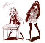 2girls blazer blush desk kawakami_shuuichi monochrome multiple_girls original red school_uniform serafuku shu_(artist) thigh-highs zettai_ryouiki 