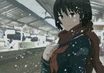  1girl bad_id black_hair itou_hiroyuki_(caravina) iwai_akiyuki scarf school_uniform serafuku short_hair snow solo train_station 