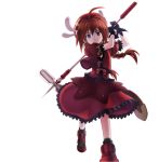  1girl ahoge ankle_boots beret boots braid dress full_body graf_eisen hammer hat holding holding_weapon looking_at_viewer lyrical_nanoha mahou_shoujo_lyrical_nanoha mahou_shoujo_lyrical_nanoha_a&#039;s puffy_short_sleeves puffy_sleeves red_dress short_sleeves simple_background solo sorethroat spikes twin_braids vita walking weapon white_background 