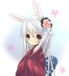  albino animal_ears china_(artist) flower japanese_clothes lowres rabbit_ears red_eyes white_hair 