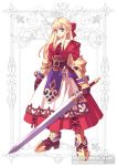  1girl armor blonde_hair blue_eyes long_hair solo sword usui_rina weapon 
