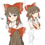  1girl :&lt; ascot beige_background blush bow closed_mouth collar detached_sleeves female from_behind from_side hair_bow hair_tubes hakurei_reimu head_tilt imperishable_night long_sleeves looking_at_viewer multiple_views red_bow ribbon-trimmed_sleeves ribbon_trim sidelocks simple_background sketch touhou vest 
