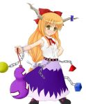  1girl :d ball belt blonde_hair bottle bow bowtie buckle buttons chains cube female full_body gourd green_eyes grin hair_bow hand_on_hip horns ibuki_suika long_hair looking_at_viewer open_mouth orange_hair outstretched_arm red_bow red_bowtie see-through shoes sidelocks smile solo teeth touhou triangle very_long_hair wrist_cuffs 