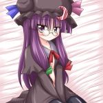  1girl alternate_color bespectacled blush crescent female glasses hair_ribbon hat long_hair open_clothes open_shirt patchouli_knowledge purple_hair ribbon shirt solo touhou violet_eyes 