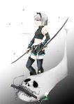  1girl bare_shoulders boots bridal_gauntlets contrapposto female ghost gloves gradient gradient_background hitodama katana konpaku_youmu konpaku_youmu_(ghost) midriff navel parted_lips petals profile sheath short_hair silver_hair skull solo sword thigh-highs touhou tsukiyo_rei weapon 