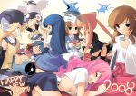  00s 2008 6+girls alcohol animal_ears blonde_hair blue_hair breasts brown_hair jiji medium_breasts multiple_girls new_year pink_hair red_eyes redhead sake sleeping small_breasts tail twintails under_boob yew_year 
