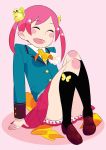  butterfly kneehighs pink_hair rakuraku school_uniform serafuku skirt smile socks thigh-highs twintails 