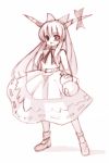  1girl :d bow dress female full_body gourd hair_bow horn_ornament horns ibuki_suika layered_dress looking_at_viewer mary_janes monochrome open_mouth seo_tatsuya shoes simple_background sketch smile solo standing touhou white_background wrist_cuffs 