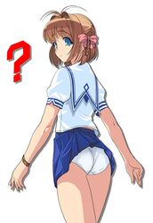  00s 1girl a1 ass blue_eyes braid brown_hair flat_ass hair_ribbon kimi_ga_nozomu_eien panties pantyshot ribbon school_uniform serafuku short_hair skirt skirt_lift solo suzumiya_haruka underwear 