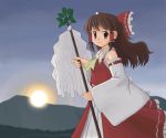  1girl ascot bow brown_eyes brown_hair detached_sleeves female hair_bow hair_tubes hakurei_reimu imperishable_night looking_at_viewer looking_to_the_side outdoors red_bow red_skirt ribbon-trimmed_sleeves ribbon_trim skirt skirt_set smile solo sunrise sunset touhou vest wide_sleeves 