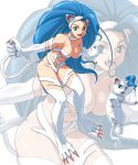  1girl alternate_form animal_ears big_hair blue_eyes blue_hair breasts capcom cat cat_ears cat_tail fang felicia green_eyes long_hair muscle nigou open_mouth slit_pupils solo tail vampire_(game) very_long_hair zoom_layer 