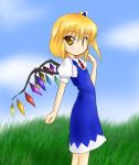  1girl alternate_eye_color bad_proportions blonde_hair blue_dress child cirno cirno_(cosplay) clenched_hand cosplay dress female flandre_scarlet grass open_eyes short_hair side_ponytail sky solo the_embodiment_of_scarlet_devil touhou wings yellow_eyes 