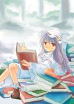  1girl :/ bobby_socks book crescent crescent_hair_ornament female forest hair_ornament long_hair moon nature patchouli_knowledge purple_hair red_eyes scroll sitting socks solo tes_(unpre) too_many touhou tree 