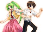  1boy 1girl :d belt blue_eyes blush brown_hair buckle dress_shirt green_eyes green_hair higurashi_no_naku_koro_ni long_hair long_skirt looking_at_viewer maebara_keiichi necktie open_mouth pink_skirt red_necktie shirt short_sleeves simple_background skirt smile sonozaki_mion suzushiro_kurumi very_long_hair vest white_background white_shirt 