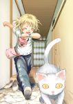  1girl bag belt_pouch beltbag blonde_hair cat original running smile sody solo 