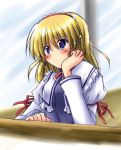  1girl alice_margatroid blonde_hair blue_eyes blush capelet exe_(artist) exe_(xe) female hairband head_rest juliet_sleeves long_sleeves puffy_sleeves red_ribbon ribbon short_hair solo touhou upper_body 