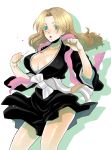  1girl bleach blonde_hair blue_eyes breasts cleavage hati jewelry large_breasts long_hair matsumoto_rangiku mole necklace open_clothes open_shirt shadow shirt solo 