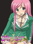  1girl akashiya_moka awa blazer blush breasts cleavage cross green_eyes green_shirt jacket large_breasts long_hair lowres oekaki panties panty_pull pink_hair rosario+vampire shirt solo underwear 