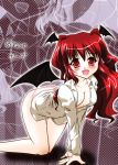  1girl all_fours blush breasts cleavage female head_wings koakuma long_hair panties red_eyes redhead shirt solo the_embodiment_of_scarlet_devil touhou underwear 