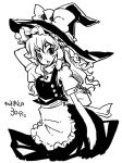  1girl female hand_on_headwear hat kirisame_marisa long_hair monochrome simple_background skirt solo super_zombie suupaa_zonbi touhou translated white_background witch witch_hat 
