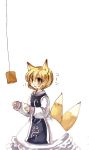  1girl aburaage animal_ears blonde_hair female fishing_hook fishing_rod food fox_ears fox_tail long_sleeves multiple_tails no_hat simple_background sleeves_past_wrists solo surcoat tail tofu touhou white_background yakumo_ran yellow_eyes younger 