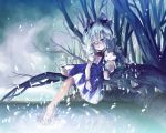  1girl barefoot blue_bow blue_dress blue_eyes blue_hair bow branch cirno dress feet_in_water female hair_bow night night_sky outdoors puffy_short_sleeves puffy_sleeves short_hair short_sleeves sitting sky soaking_feet solo touhou water wrist_cuffs 