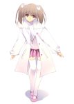  1girl brown_hair buttons coat full_body gem hair_ribbon jewelry kobayashi_chisato long_sleeves looking_at_viewer mary_janes miniskirt necklace original pendant pink_skirt ribbon shoes short_hair simple_background skirt solo thigh-highs unbuttoned white_background white_legwear zettai_ryouiki 