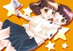  2girls ;d aihara_nana akizuki_wataru bangs black_skirt blunt_bangs brown_hair green_eyes hug karamiti kimi_kiss looking_at_viewer multiple_girls one_eye_closed open_mouth orange_background pleated_skirt satonaka_narumi school_uniform shirt short_hair simple_background skirt smile white_shirt yuri 