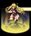  1girl bardiche blonde_hair cosplay fate_testarossa fate_testarossa_(cosplay) highres kamia_(not_found) lyrical_nanoha mahou_shoujo_lyrical_nanoha mahou_shoujo_lyrical_nanoha_a&#039;s mahou_shoujo_lyrical_nanoha_strikers matsuoka_kiyone original solo thigh-highs 