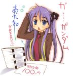  1girl :o blue_eyes bonza brown_shirt chestnut_mouth collared_shirt eyebrows eyebrows_visible_through_hair hiiragi_kagami long_hair long_sleeves looking_at_viewer lucky_star necktie number open_mouth purple_hair red_necktie shirt sidelocks solo twintails very_long_hair 