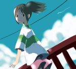  00s 1girl :o blue_sky child clouds cowboy_shot dutch_angle from_behind looking_at_viewer looking_back ogino_chihiro open_mouth outdoors ponytail power_lines railing sen_to_chihiro_no_kamikakushi shirt short_sleeves side_ponytail sky solo standing studio_ghibli t-shirt taira_tsukune 
