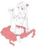  1girl :3 ass blush bra hair_ribbon hakama japanese_clothes lineart lingerie long_hair looking_back miko monochrome new_year ooji partially_colored ribbon sitting smile solo spot_color tabi twintails underwear wariza 