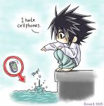  1boy bags_under_eyes cellphone chibi death_note english l_(death_note) male_focus phone sitting solo squatting water 