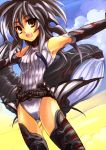  1girl black_hair desert final_fantasy final_fantasy_iv kouno_hikaru leotard lunar_whale open_mouth outdoors outstretched_arms personification sky smile solo space_craft spread_arms whale yellow_eyes 
