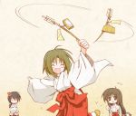  3girls hakama japanese_clothes miko multiple_girls new_year red_hakama tsuchiyama_niu 