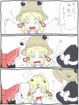  3girls blonde_hair cheek_pinching closed_eyes comic crying face_painting female hakurei_reimu hat kirisame_marisa moriya_suwako multiple_girls pinching tears touhou translation_request 