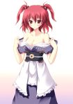  1girl bare_shoulders breasts cleavage dress duplicate female gradient gradient_background onozuka_komachi red_eyes redhead ruru_(artist) short_twintails solo touhou twintails undressing white_background 