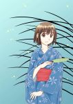  1girl :3 ayase_fuuka brown_hair eyebrows fan japanese_clothes kabaya_kousuke kimono paper_fan reeds short_hair solo thick_eyebrows uchiwa yotsubato! yukata 