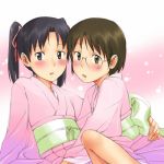  2girls amasawa_yuuko blue_eyes blush brown_eyes brown_hair dennou_coil glasses japanese_clothes kimono mosha multiple_girls okonogi_yuuko short_hair short_twintails twintails yukata 